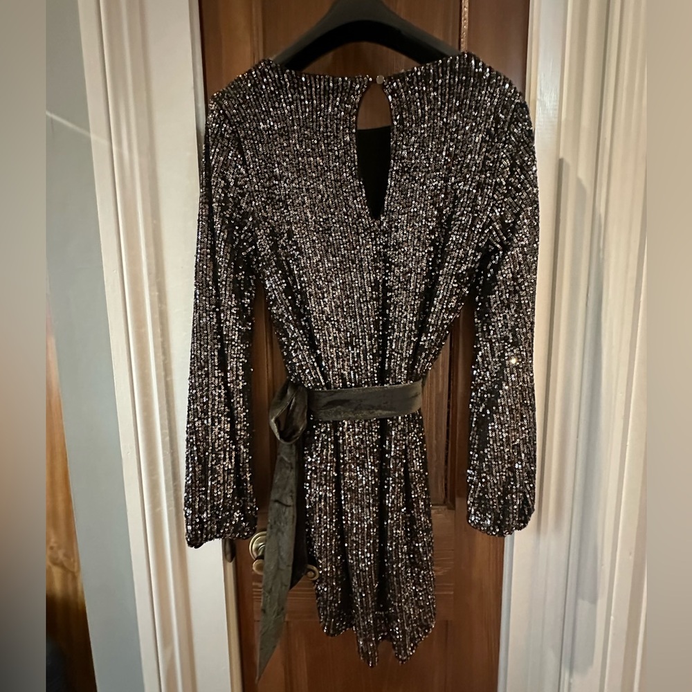 NEW Sequin Mini Dress with Velvet Ribbon Belt - Picture 2 of 4